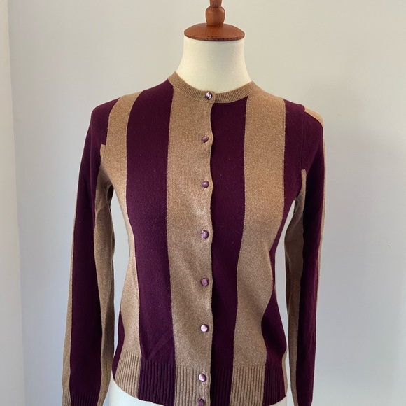 Beautiful NWT burgundy + tan JCrew Collection Striped cashmere Cardigan - Picture 3 of 10